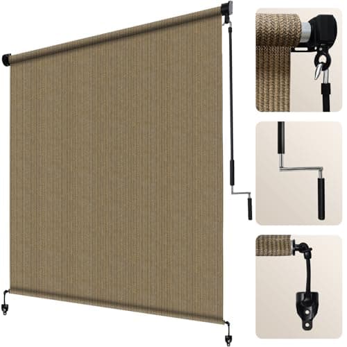 Artpuch Patio Shades Roll Up Outdoor Roller Shade 10Wx8H Cordless Exterior Roller Blinds Cloth for Porch Pergola Gazebo Walnut