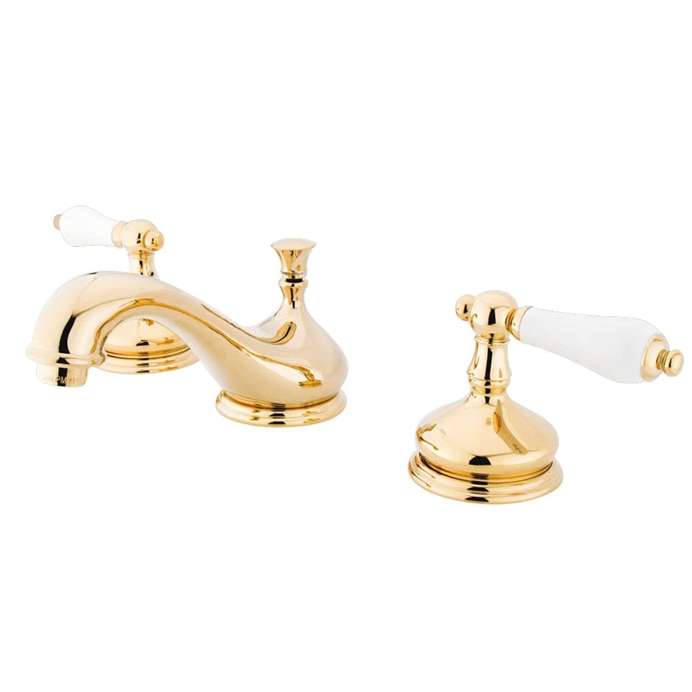 Kingston Brass KS1162PL Heritage Widespread Lavatory Faucet with Porcelain Lever Handle, Polished Brass,8-Inch Adjustable Center