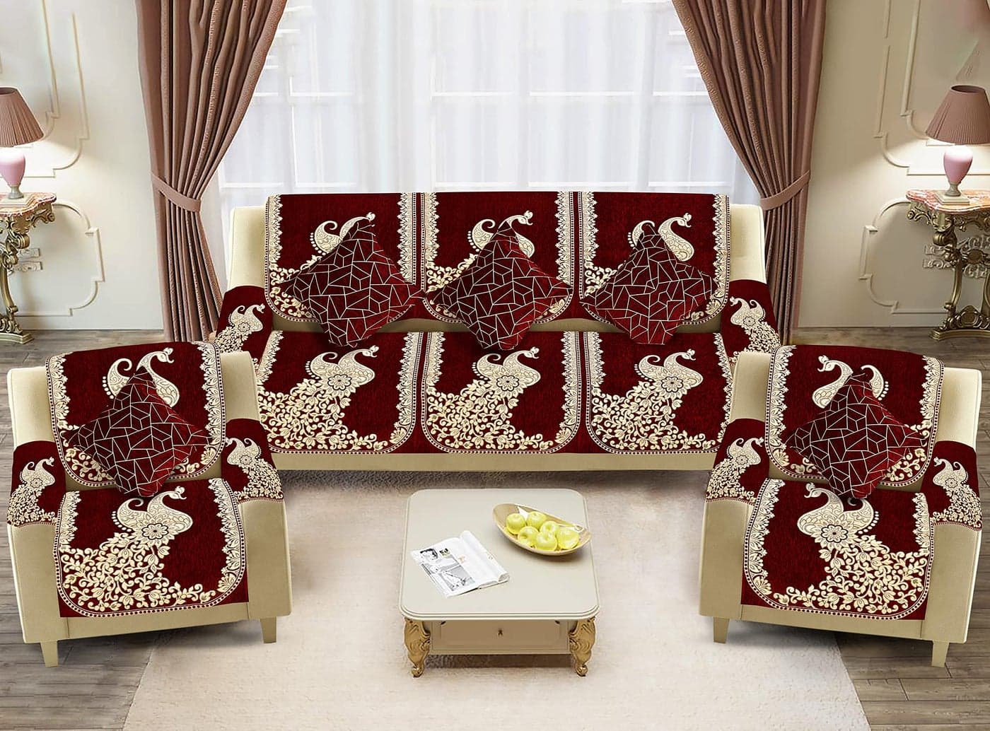 Dazzling DECOR Velvet Sofa Cover with Arm and Cushion Covers Set of 5 Seater-Sofa Covers 3 Seater and 2 Seater Full Set for Couch Seat - Heavy Fabric Slip, 2923_Maroon
