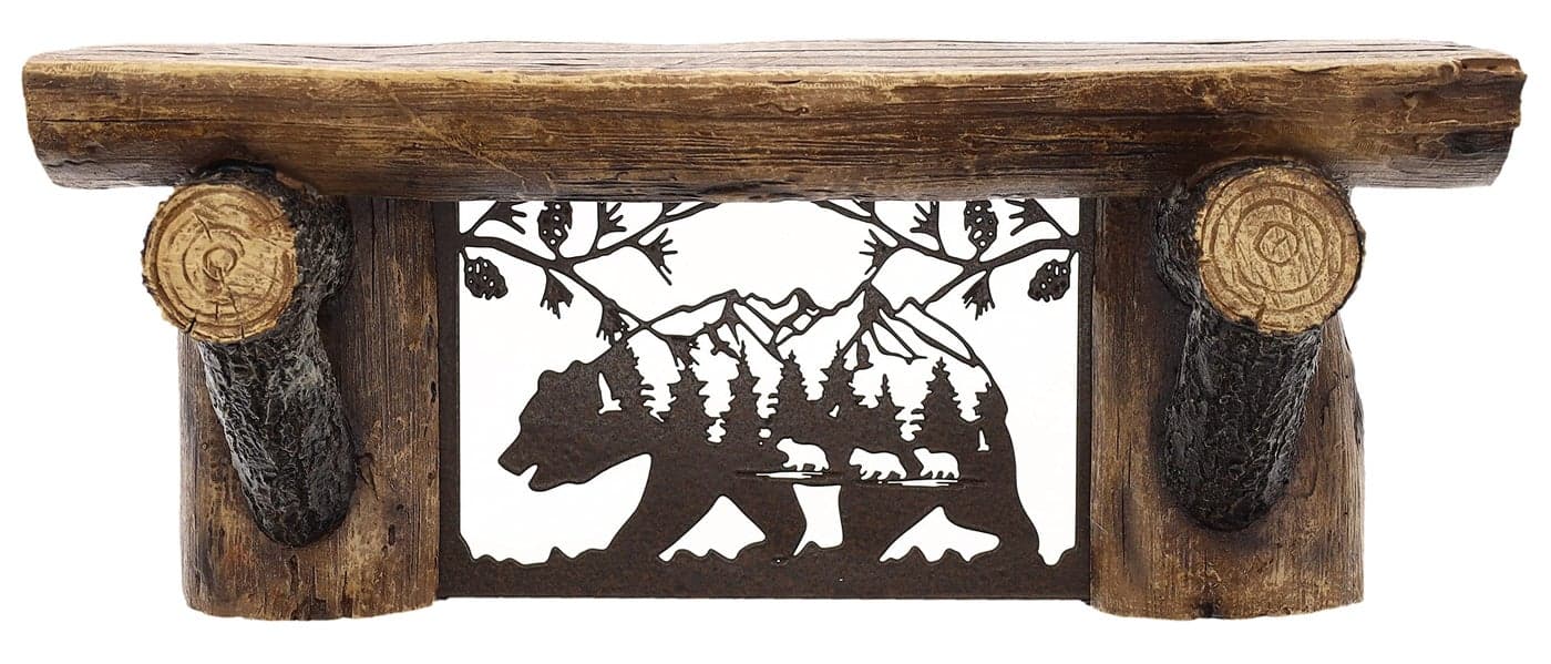 Top Brass Rustic Wooden Sawn Log Look Wall Shelf with Metal Bear Wilderness Art Scene Unique Design Cabin Lodge Decor