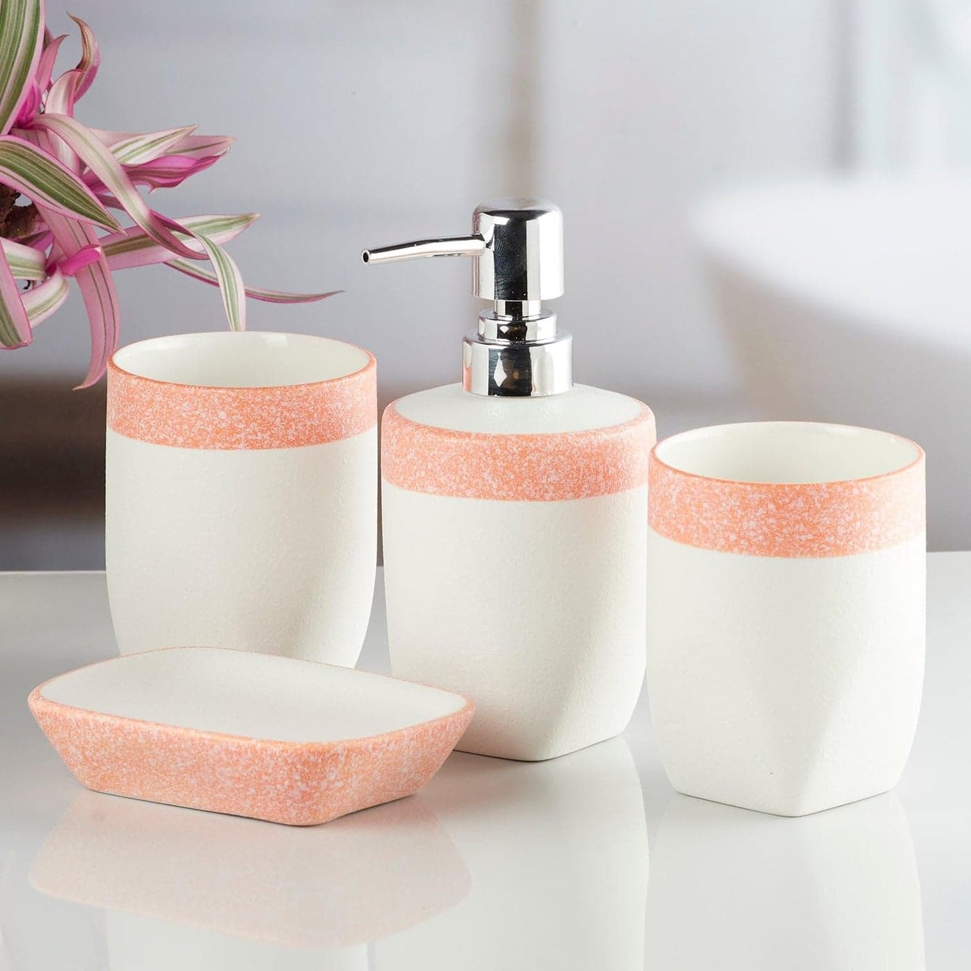 SaSaSa Ceramic Bathroom Accessories Set of 4 Modern Bath Set with Soap Dispenser Toothbrush Holder Luxury Home Gift Idea WhiteOrange 10250