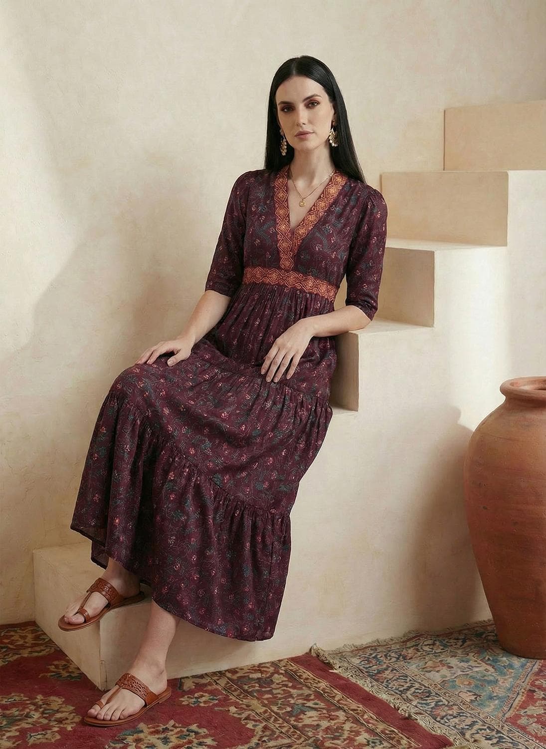 Globus Women's Wine Floral Tiered Midi Dress with V Neck and Puff Sleeves