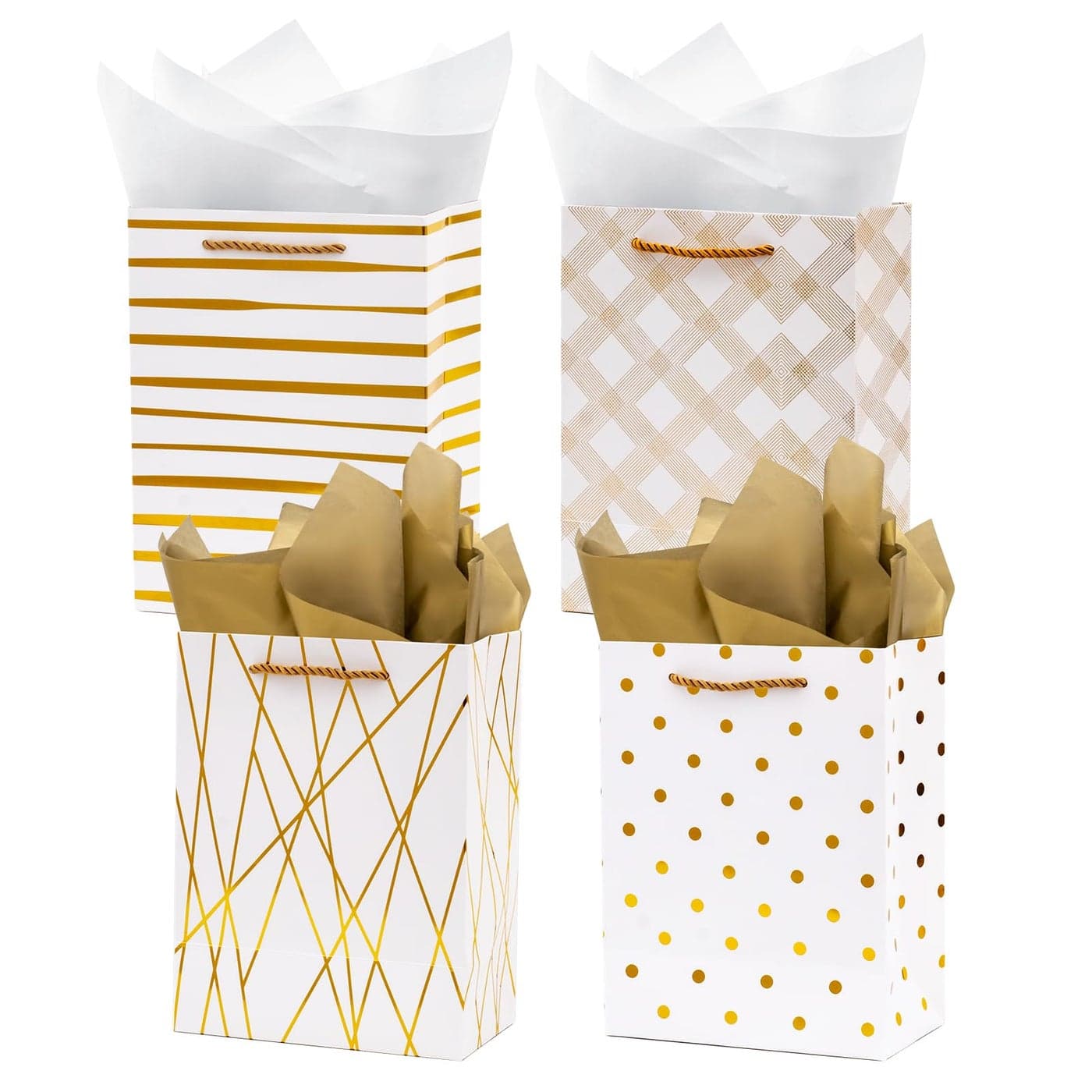 Nihuecne 9 Gift Bags Medium Size with Tissue Paper 4 Pack White Gold Wrap Paper Gift Bags with Handles for Shopping Parties Wedding Baby Shower Holiday Presents 4 Designs