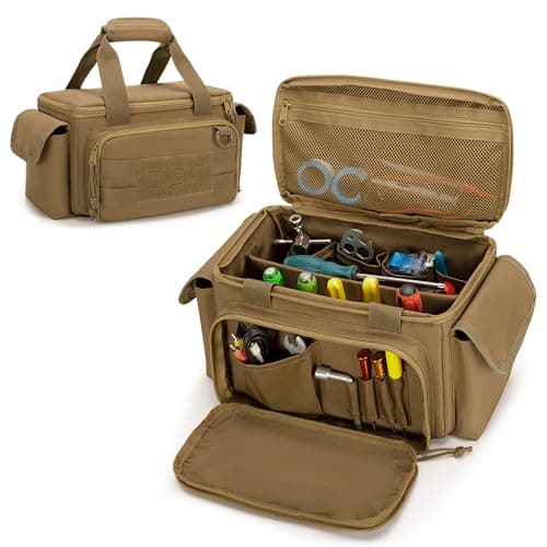Rexmica Small Tool Bag with Anti-friction and Thick Padded Bottom, Tool Storage Organizer for Men, Tactical Bag, Range Bag, Multi-functional Work Tote for Repairman, Electrician, Carpenters (Khaki)