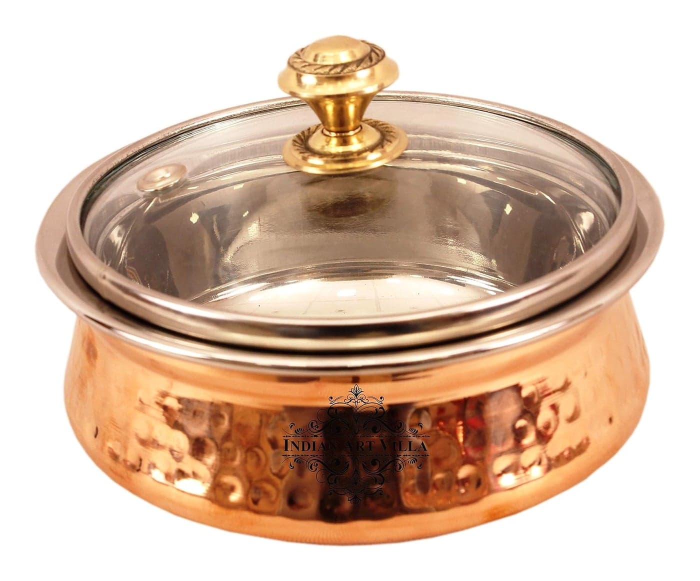 INDIAN ART VILLA Hammered Polished Steel Copper Handi Bowl with Glass Lid Serveware TablewareVolume 300 ML
