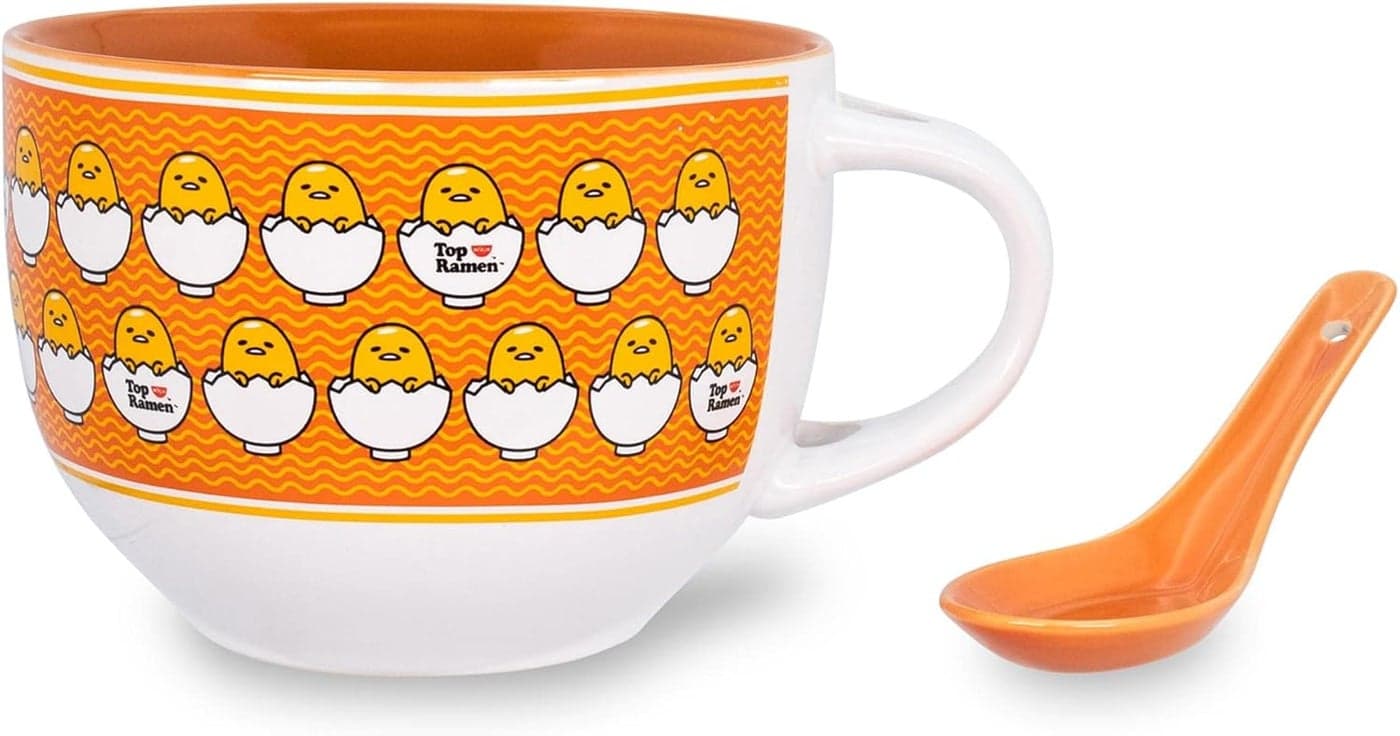 Sanrio Gudetama x Nissin Top Ramen 24Ounce Ceramic Soup Mug With Spoon Bowl For Ice Cream Cereal Oatmeal Large Coffee Cup For Espresso Caffeine Beverage Cute Home Kitchen Decor Essentials