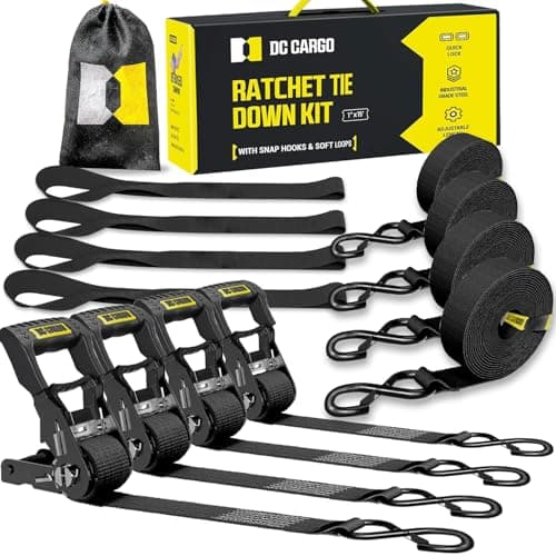 DC Cargo Mall Ratchet Straps Tie Downs 4 Pack (1,800 LB Break Strength) 1" x 15 Feet Tie Down Straps with Safety Lock S Hooks for Cargo, Trucks, Appliances, Moving.
