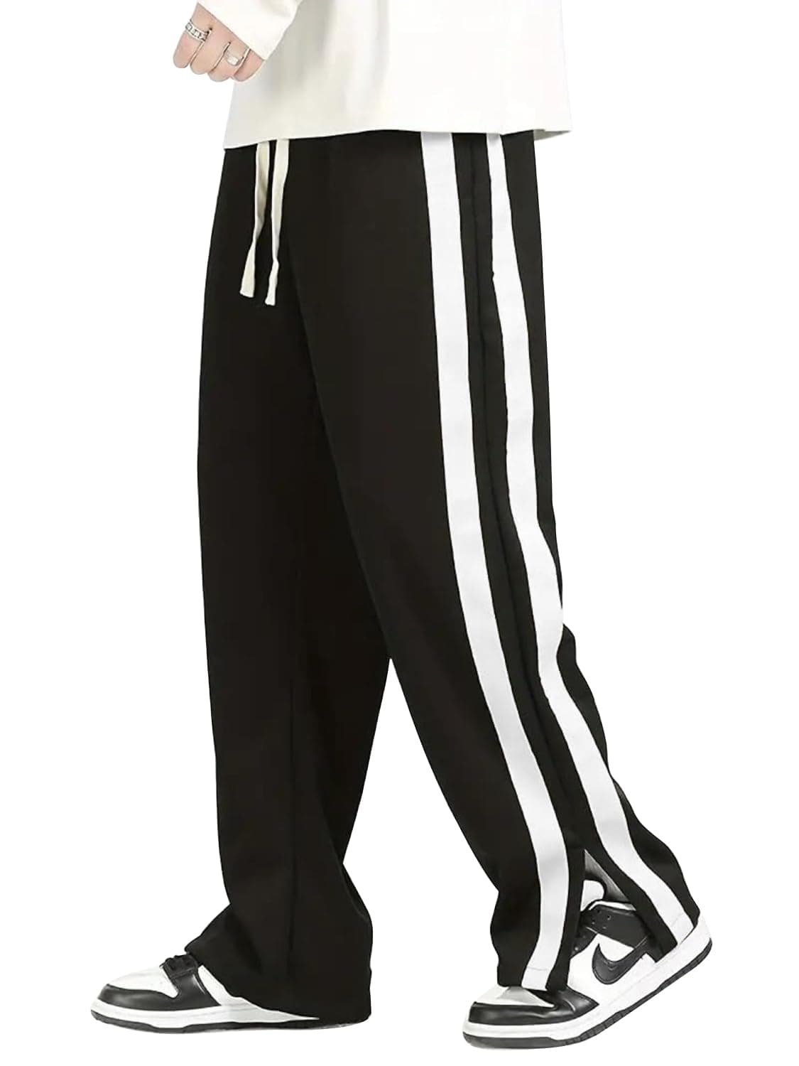 Mehrang Casual Athletic Mid Rise Loose Fit Track Pants with Side Stripes, Drawstring Waist | Baggy Track Pant for Men | Track Pant Men | Men Stylish Track Pant (in, Alpha, M, Regular, Black - White)
