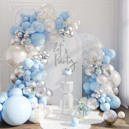 NUTTYBASH Blue and Silver Balloon Arch Kit Blue Pearl White Clear Balloon Garland Kit for Wedding Birthday Baby Shower Gender Reveal Bridal Engagements Decorations