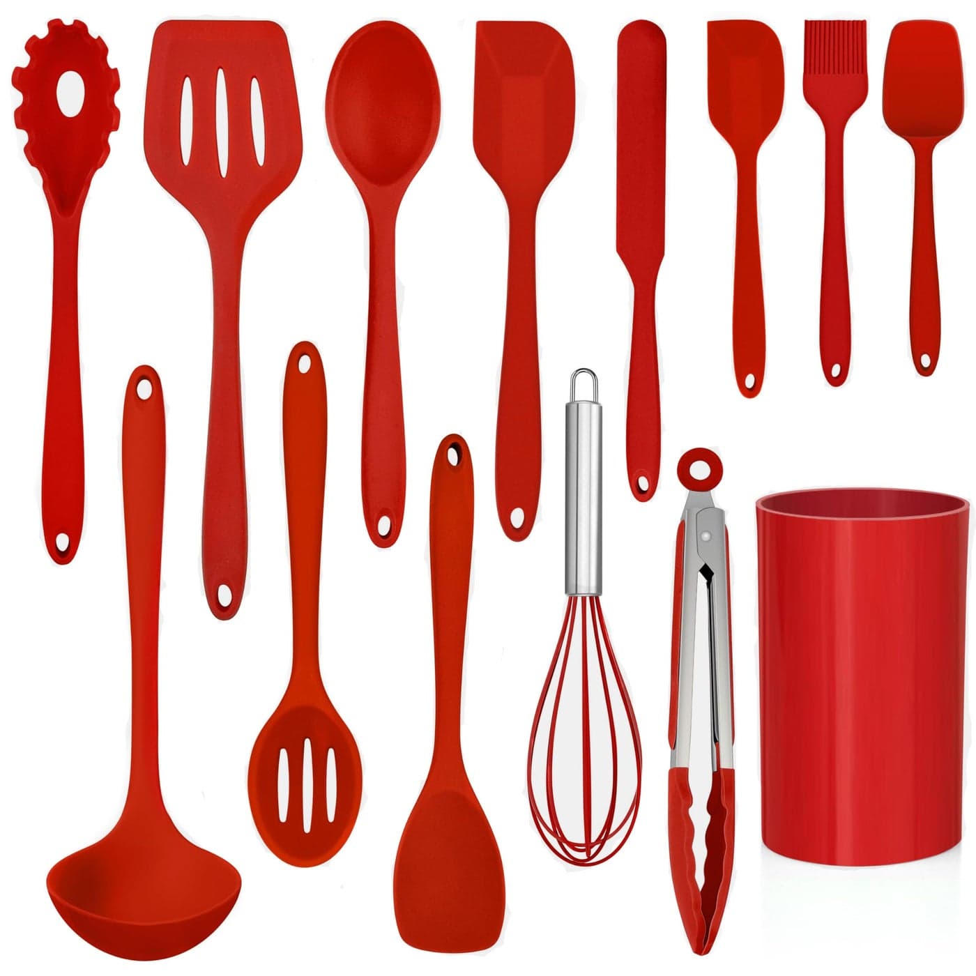 LIANYU 14 Pcs Cooking Utensils Set with Holder Heat Resistant Silicone Kitchen Cookware Utensils Set Kitchen Cooking Tools Includes Spatula Spoon Turner Whisk Tong Dishwasher safe Red
