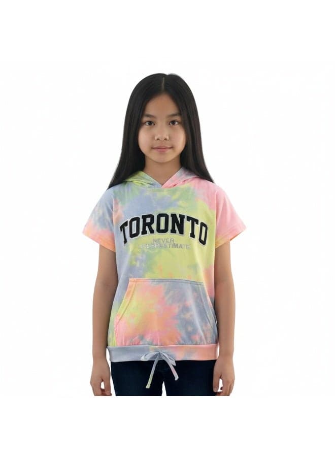 23KY407A Girl's Toronto Never Underestimate Print Lowered Pocket Hoodie Short Sleeve T-Shirt - Purple/Yellow/Pink - 8 Years