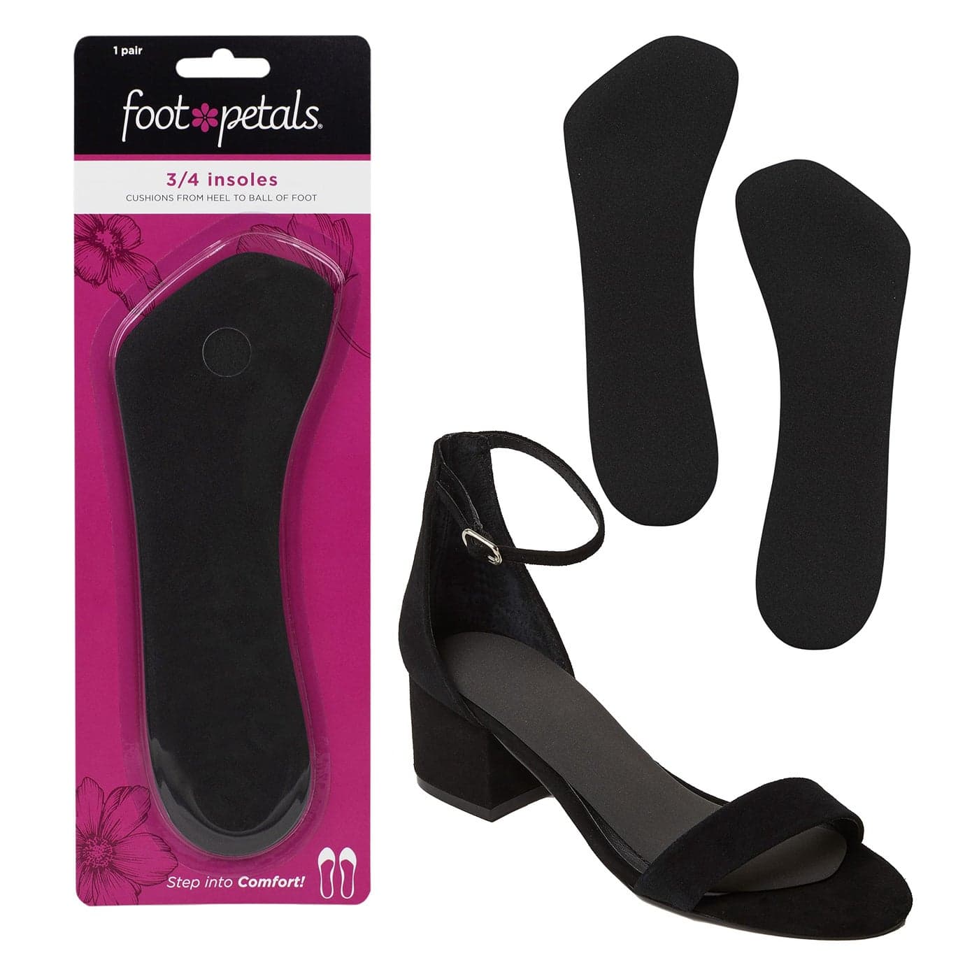 Foot Petals 34 Insole Cushions Prevent Feet from Sliding Forward Callus Prevention Womens Heels Wedges Sandals Black 1 Pair Pack of 1