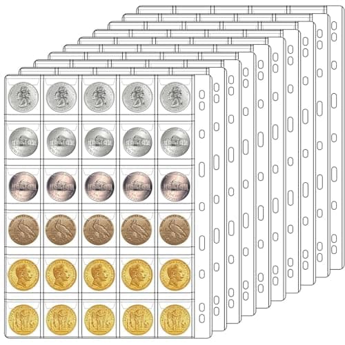 Ettonsun 10 Sheets 30-Pocket Coin Collecting Binders Pages, Coin Collection Supplies Coin Holder Pocket Inserts Collecting Sleeves for Most Coin Collection Album