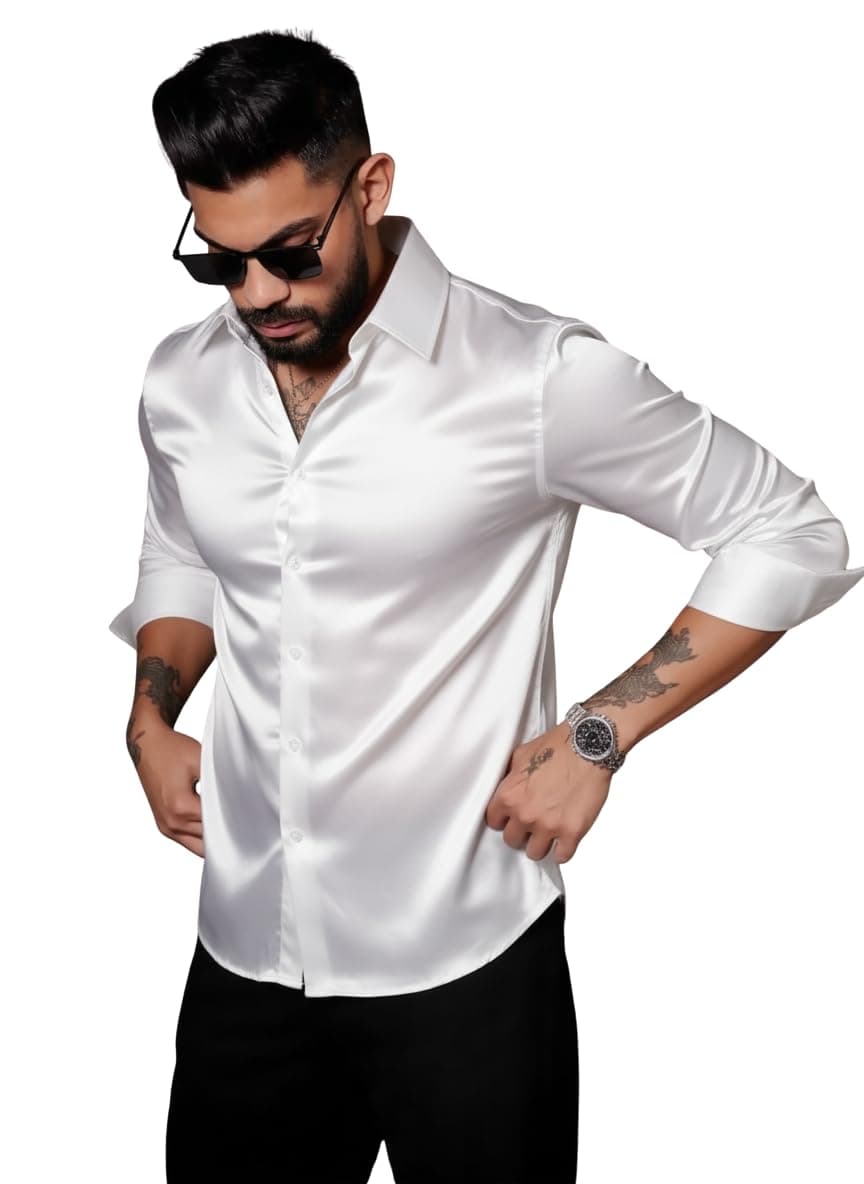 IndoPrimo Men's Stylish Solid Satin Casual Shirt for Men Full Sleeve White