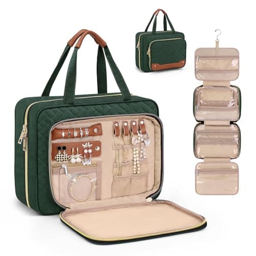 Wedama Toiletry Bag for Women Hanging Travel Toiletry Bag with Jewelry Organizer Compartment Large Makeup Bag PVC Waterproof Cosmetic Travel Bag Trips Camping Bathroom Dark Green