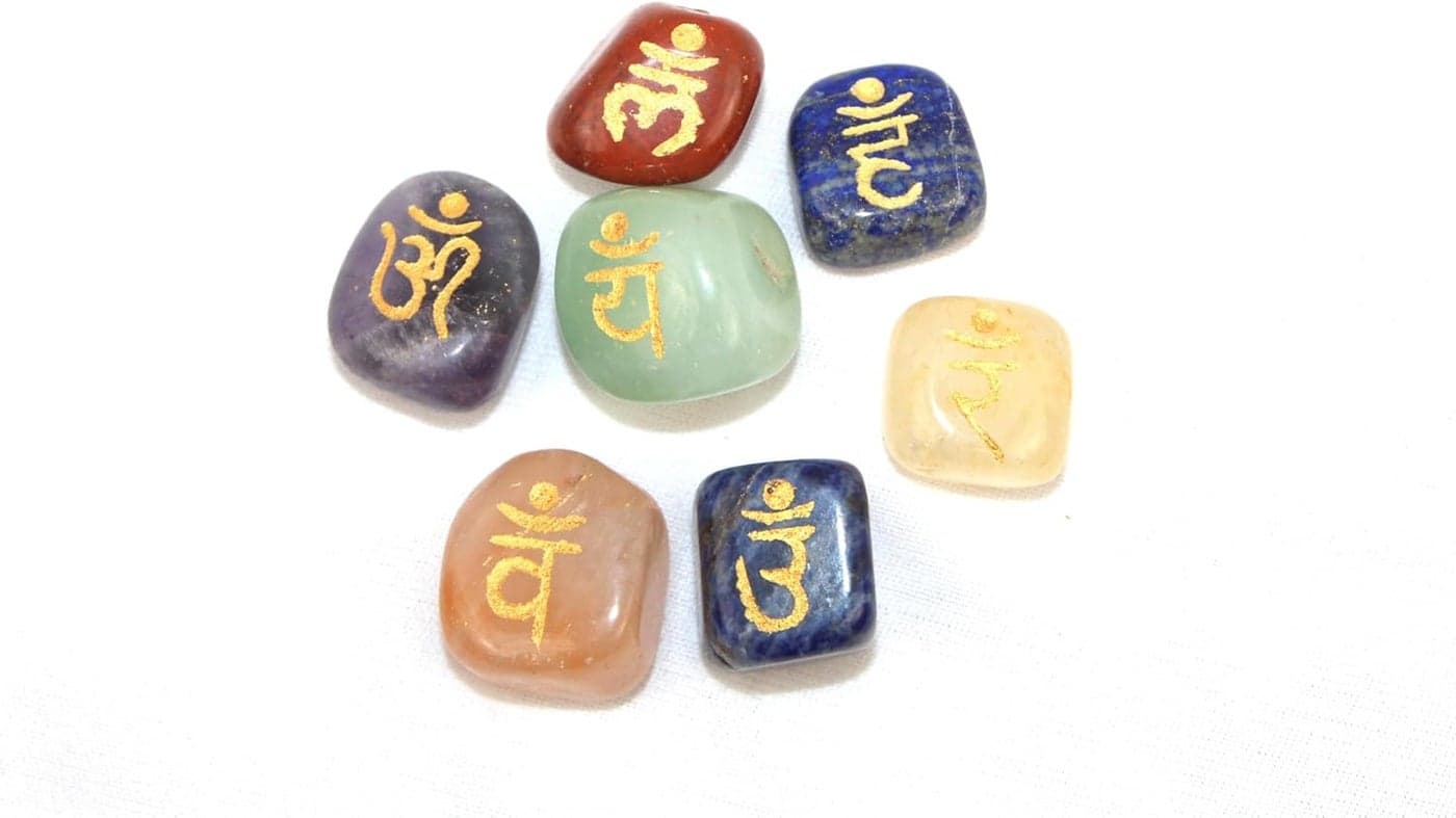 Tumbled Sanskrit Chakra 7 Stones Set Symbolizing Body Engraved Chakras Reiki with Pouch Divine Meditation Spiritual Healing Energy Mystic Magical Pagan Wicca Gift Auspicious Chakra Balancing