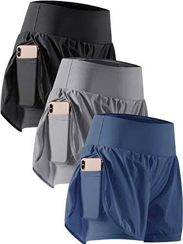CADMUS 2 in 1 Women's Workout Shorts Athletic Gym Running Shorts for Women Phone Pockets,Black & Gray & Navy Blue, Large
