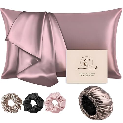 Candibella’s Satin Silk Pillow Covers for Hair and Skin, Best Combo Pack of 2 Satin Pillow Cover with 3 Satin Scrunchies & Silk Bonnet, Silk Hair Cap for Sleeping