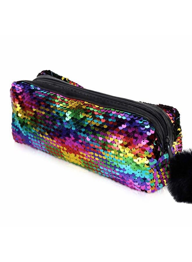 Sequins Pencil Case for Girls, Large Capacity Glitter Pen Case Organizer, Portable Pencil Pouch Students Girls Pencilcase, Women Make Up Pouch, Pencil Bags with Fluffy Zipper (Rainbow)