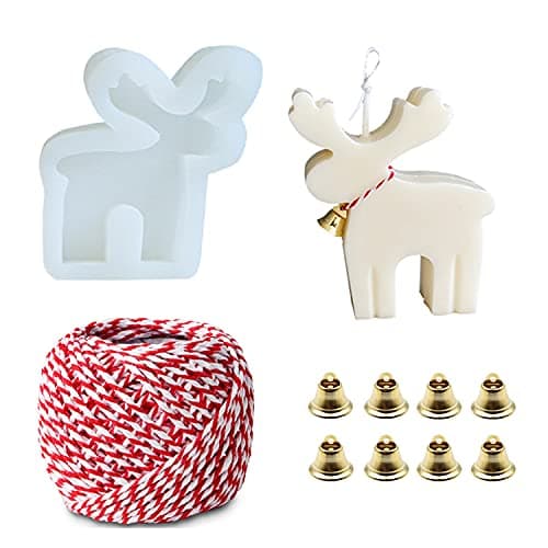 TOPYS Christmas Elk Deer Silicone Candle Molds Soap Mold with Woolen Thread and 8 Pcs Bells DIY Xmas Theme Resin Mould for Home Party Decoration Handmade Soap Bath Bomb Lotion Bar Chocolate Jello