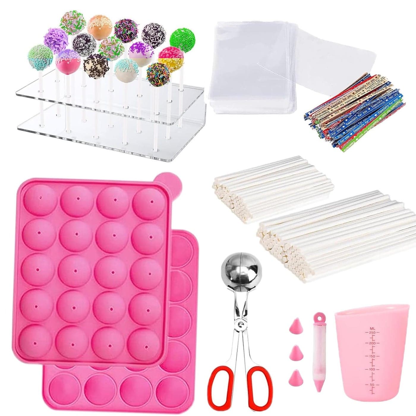 605Pcs Cake Pop KitSilicone Lollipop Molds Including Lollipop SticksMeasuring CupTreat BagsTwist TiesDecorating PenRound MoldMeat Baller with HandlesLollipop CandyDisplay Stand Holder