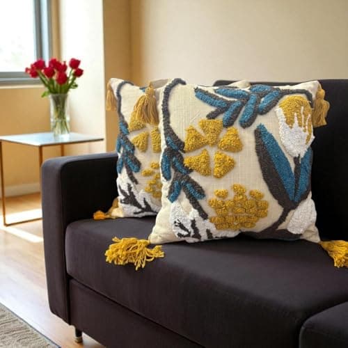 Furnistitchs Handmade Cotton Bohemian Home Decor Cushion Cover 24x24 inches / 60x60 cms - Boho Chic Couch Sofa Throw Living Room Bedroom Cushions (1, Corn Fields)