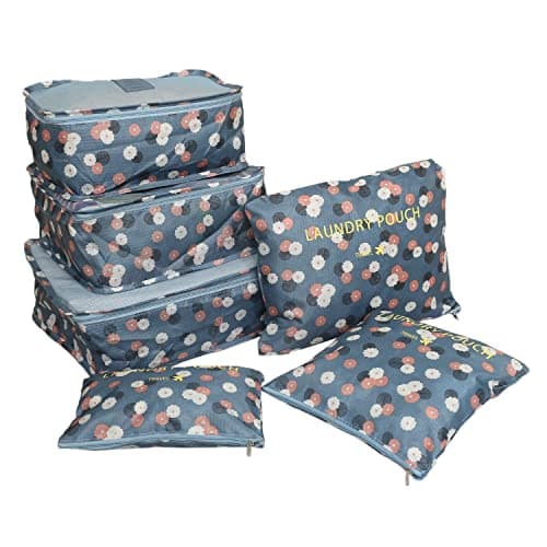 House of Quirk Travel Storage Polyester Printed Clothes Packing Cubes Space Savers Bags Cosmetics/Underwear/Socks/Shoes Organizer Pouch (Pack of 6 Blue Flower)
