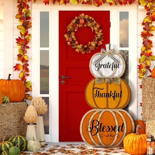 Thanksgiving Fall Stacked Pumpkins for Home Front Porch Decor 35 Inch Wood Pumpkin Outdoor Decor Thanksgiving Harvest Farmhouse Pumpkins Sign for Yard Front Door Garden Patio OutdoorThankful