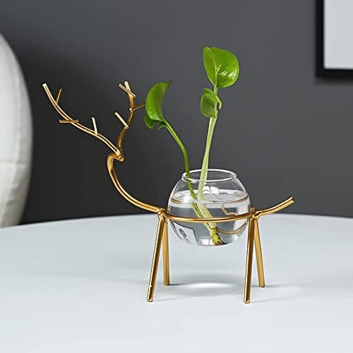 Lavish Craft Desktop Deer Plant Vases Small Glass Flower Vase with Gold Metal Stand Propagation Station Plant Holder Glass Planter Holder Deer for Home Wedding Decor (B)
