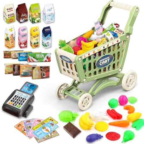 deAO Kids Shopping Cart Trolley for Groceries Toddlers 65 Food Fruit Vegetables Pretend Play Food Role Play Educational Toy Play Kitchen Toys Store Playset Green