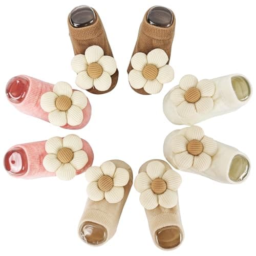 Nirvany 4 Pairs Baby Girl Ankle Socks, Non-Slip Low Cut Floral Socks for Infants, Toddlers & Newborn Girls