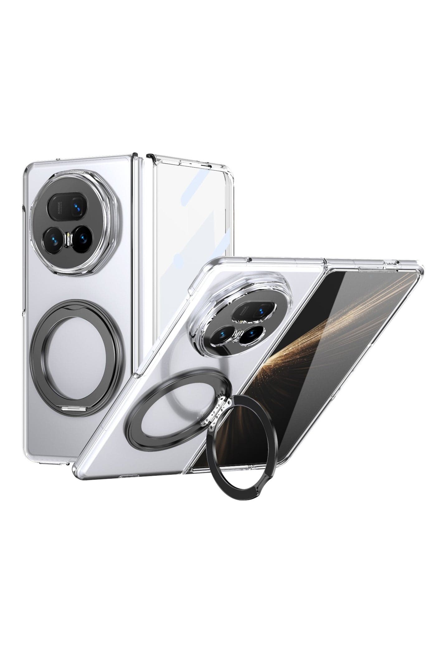 Protective case compatible with Honor Magic V5 5G, built-in screen protector front glass film, 360° rotatable ring-shaped stand, shock-proof protective magnetic cover.