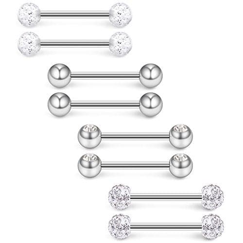 Ruifan 14G 9/16Inch Crystal Ball Nipple Tongue Shield Ring Barbell Body Piercing Jewelry Retainer 8PCS - Silver