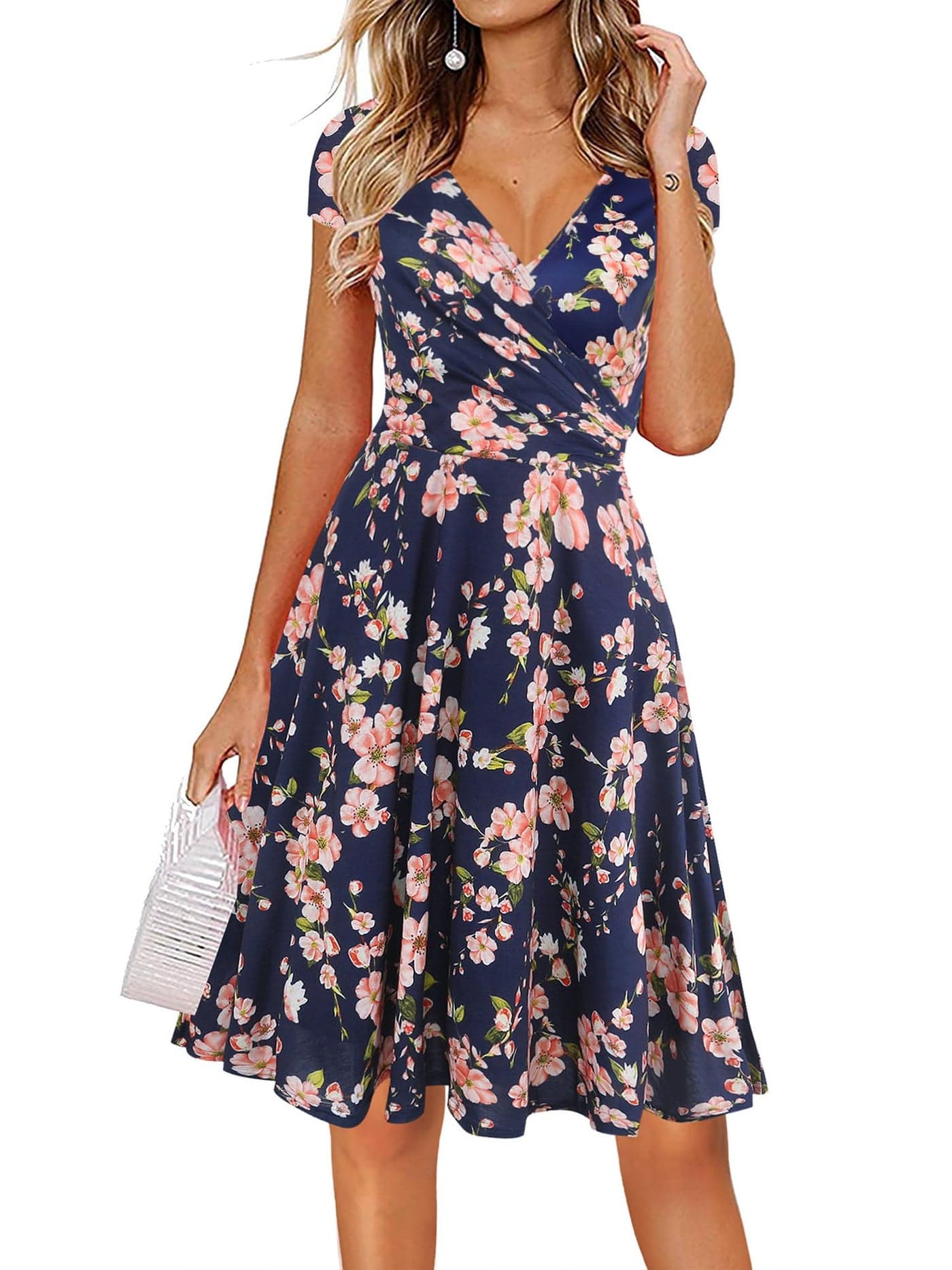 oxiuly Women's V-Neck Cap Sleeve Floral Casual Work Stretchy Swing Dress OX233 (S, Navy Blue Floral)