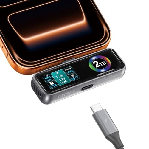 TWOPAN Magnetic Portable iPhone SSD for ProRes 4K 60fps Video Recording, 2TB External Super Storage for iPhone 17/16/15 Pro/Pro Max, iMac/MacBook, LCD Display, USB-C PD 3.0 Port, Built-in Cooling Fan