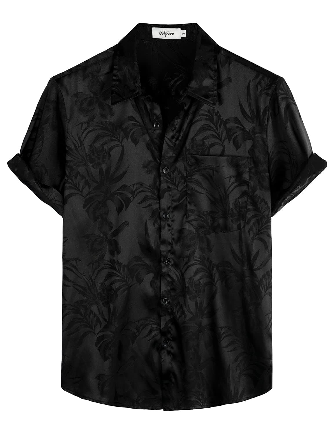 VATPAVE Mens Summer Jacquard Regular Fit Shirts Casual Button Down Short Sleeve Beach Tops with Pocket X-Large Black Flower