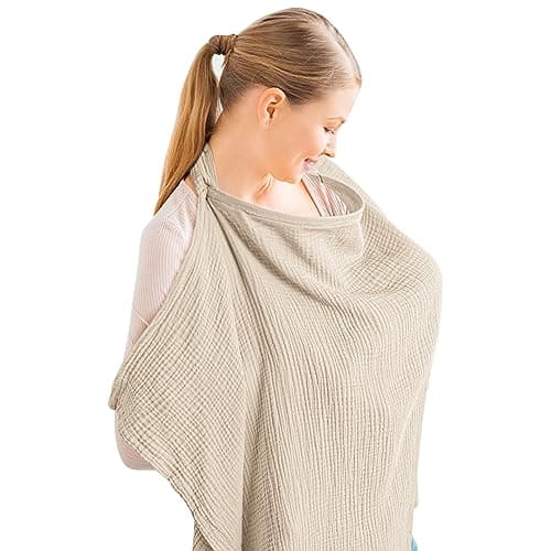 Konssy Muslin Nursing Cover for Baby Breastfeeding Breathable 100 Cotton Breastfeeding Cover with Rigid Hoop for Mother Nursing Apron Multiuse Carseat Canopy Summer Wheat