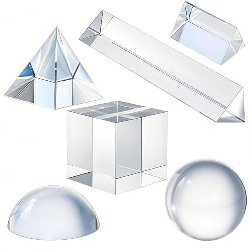 QFkris 6 Pack K9 Optical Crystal Photography Prism Set Include 50mm Crystal Ball CubeOptical Pyramid 50mm 150mm Triangular Prism60mm Dome Magnifying with Cloth for Teaching Playing