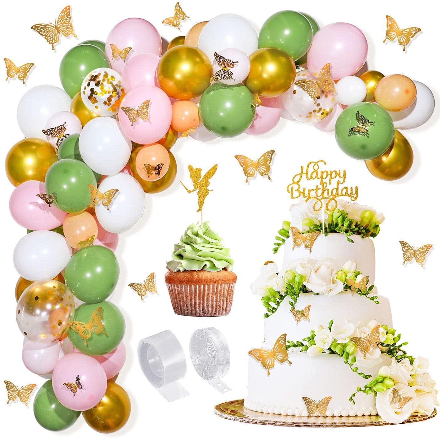 Civaner 154 Pcs Fairy Birthday Party Decoration Butterfly Balloon Garland Arch Kit Confetti Latex Balloons Glitter Fairy Cake Topper for Graduation Birthday Baby Shower Party Decoration