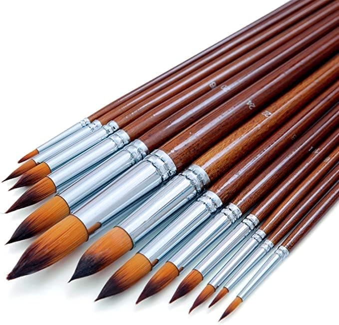 QALAM Kaari Long Handle Synthetic Round Pointed Tip Artist Paint Brushes 13 Piece SetWood