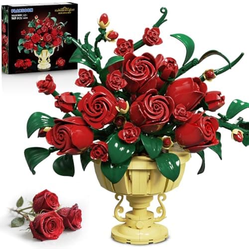PLAXSOON Rose Flower Building Set 969 PCS Botanicals Flowers Bouquet Building Block Kit with Pot Artificial Bonsai Plant Collection Office Home Decor Birthday Gift for Adults Women Boys Girls 12