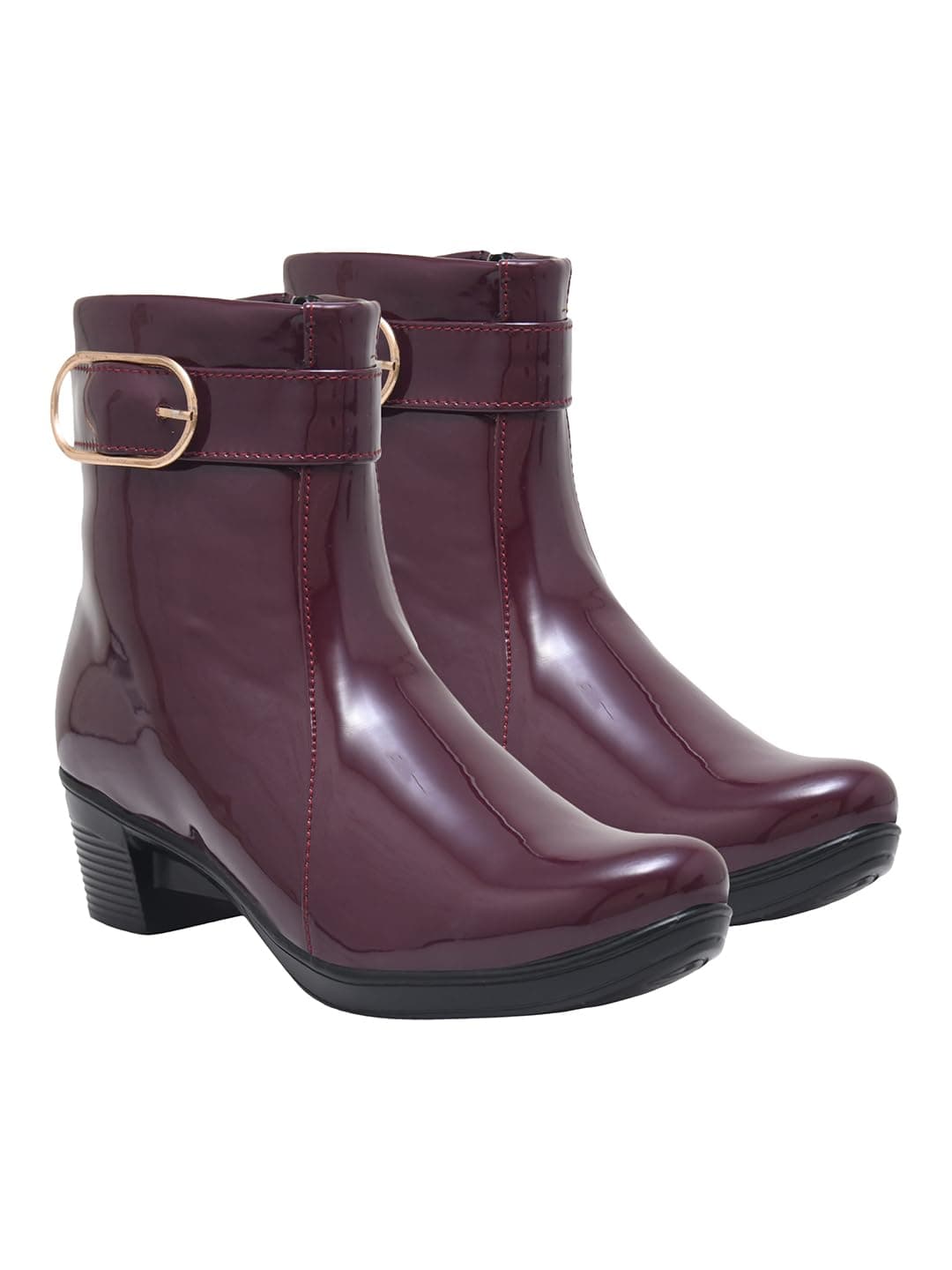 Shoetopia Women's Cherry Ankle Boots with Low Heel & Gold Buckle – Stylish Slip-Resistant Zip-Up Short Boots for Casual & Party Footwear EU38