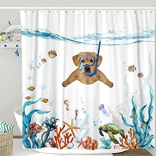 Fowocu Funny Dog Shower Curtain Set Teal Blue Sea Ocean Waterproof Fabric with Animal Octopus Starfish Turtle Anchor Fish Nautical Bathroom Curtain Decor Orange 7272