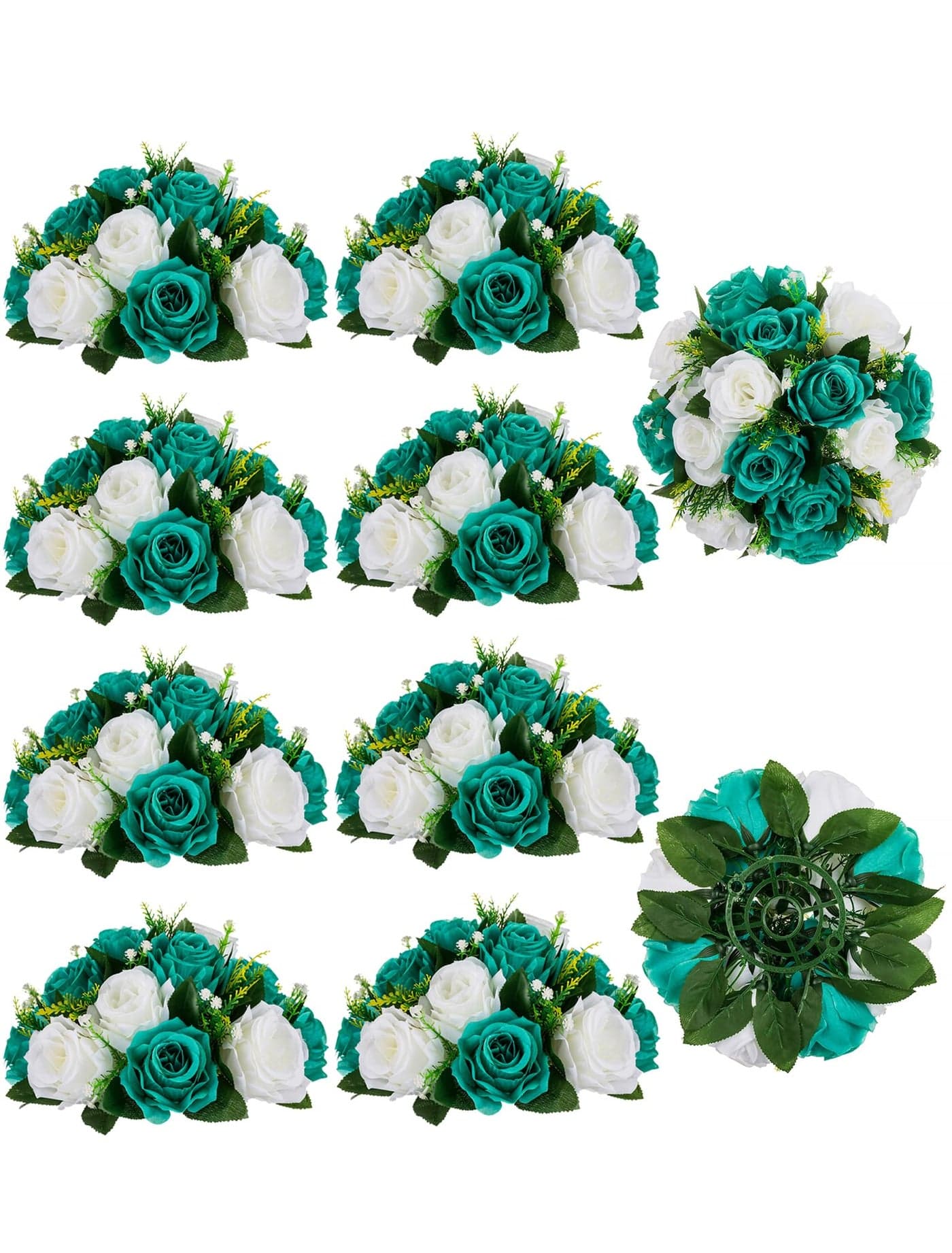 BLOSMON Flower Ball Centerpieces for Wedding 10 Pcs Teal White Fake Roses Flowers Artificial for Table Silk Kissing Bouquet Floral Arrangement Center for Home Party Event Decor