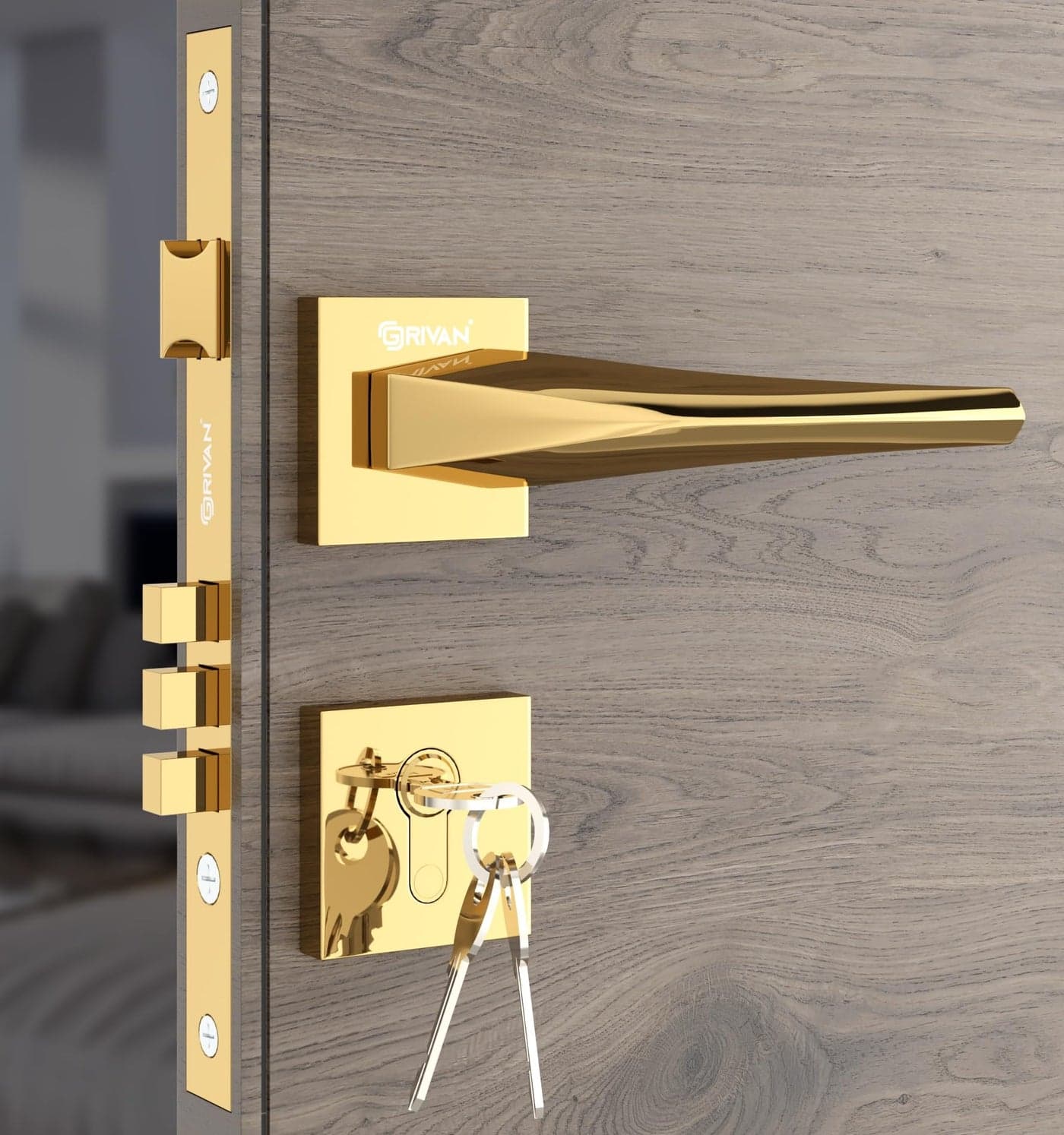 GRIVAN Stylish Door Locks for Main Door, Mortise Door Lock Set with 3 Brass Keys, Bedroom Door Lock, Handle Lock for Home/Office/Hotel (Gold Finish) | 2 Years Warranty