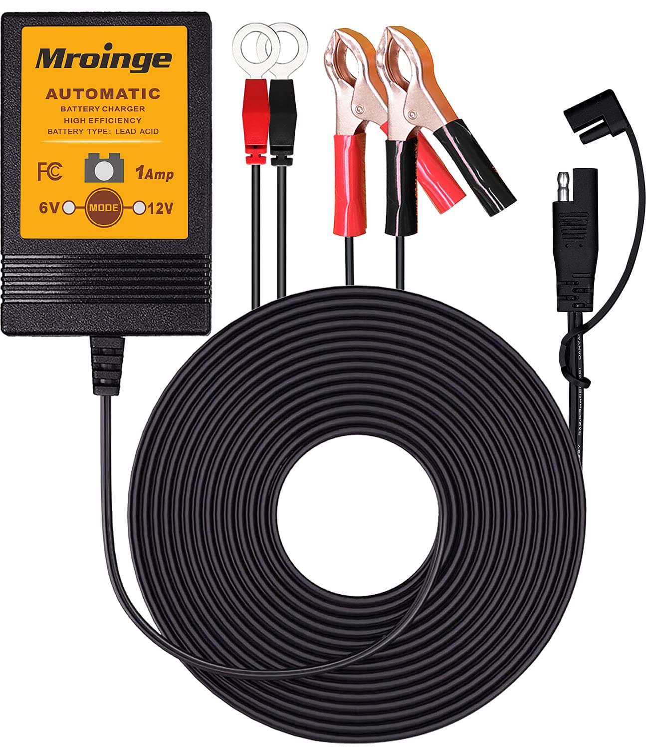 Mroinge MBC016, 6V / 12V 1A Fully Automatic Trickle Battery Charger/Maintainer for Automotive Vehicle Motorcycle Lawn Mower ATV RV Powersport Boat, Sealed Deep-Cycle AGM Gel Cell Lead Acid Batteries