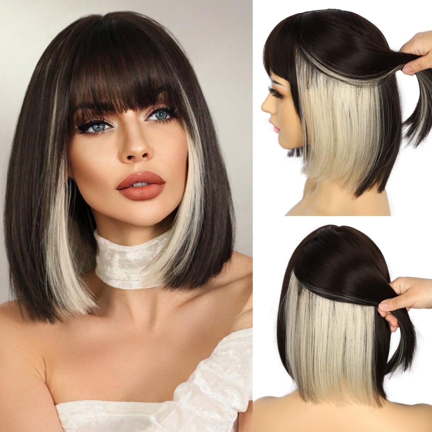 SAPPHIREWIGS Short Bob Wig with BangsStraight Bob Wigs for Women Brown Highlight Blonde HairNatural Looking Heat Resistant Synthetic Fiber for Girls 14inch