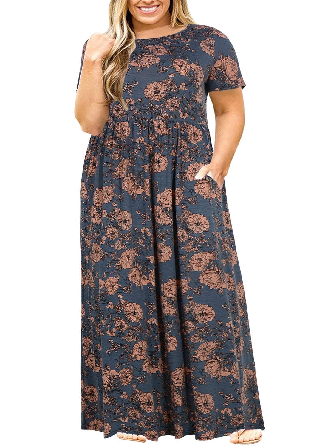 Nemidor Plus Size Maxi Dresses for Curvy Women Summer Casual Loose Short Sleeve Long Beach Dress with Pocket14922179Pink Print