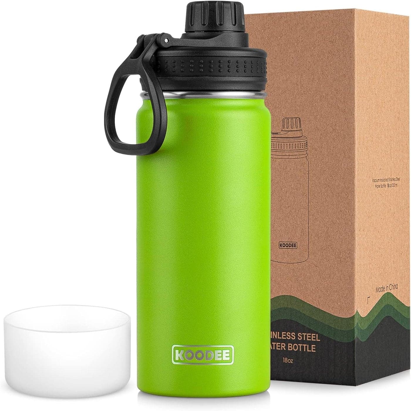 koodee Water Bottle16 oz Stainless Steel Double Wall Vacuum Insulated Water Bottle for Gorls and Women Reusable Metal Water Flask with Leakproof Spout Lid Apple Green
