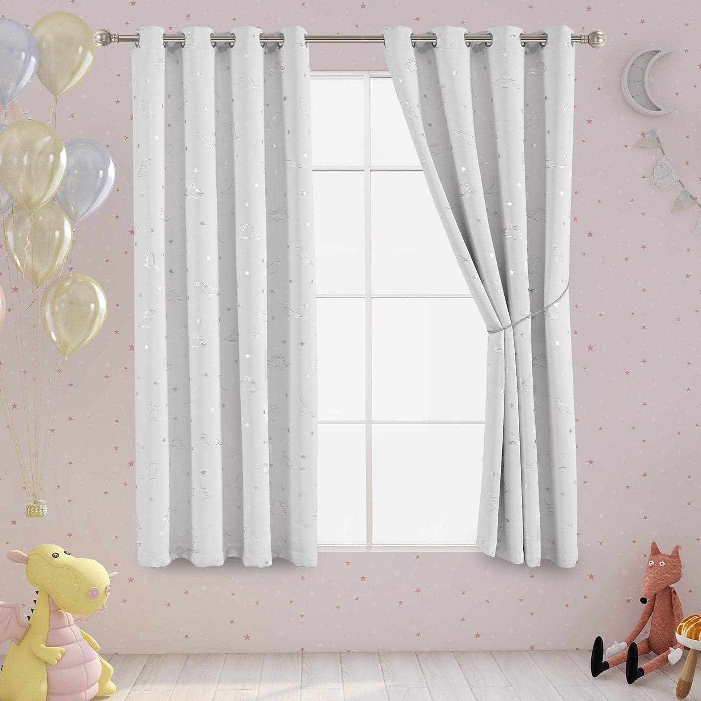 LORDTEX Dinosaur and Star Foil Print Blackout Curtains for Kids Room Thermal Insulated Curtains Noise Reducing Window Drapes for Boys and Girls Bedroom 52 x 63 Inch Greyish White 2 Panels